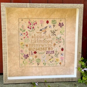 May include: Framed cross-stitch sampler featuring a central alphabet, numbers, and the year 2025. The design includes colorful floral and bird motifs, with a light brown background and a wooden frame.