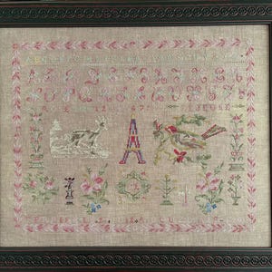 Può includere: Un ricamo a punto croce incorniciato con alfabeto, numeri e vari motivi floreali e animali. Il ricamo è realizzato su un tessuto di lino beige e presenta un bordo rosa e bianco.