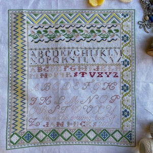 May include: A white linen fabric with a cross-stitch embroidery design featuring a colorful alphabet, floral borders, and the text "From the sewing love of J.A.N. Hicks 2021".