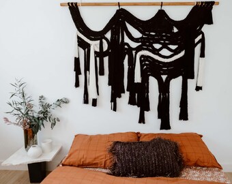 Arte textil negro - Arte de pared de macramé - Materiales premium negros - Wabi Sabi - Japandi