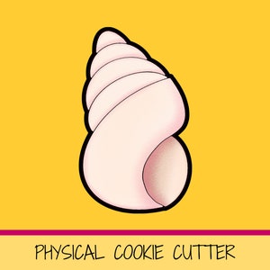 May include: A pink seashell cookie cutter with a detailed design.  PHYSICAL COOKIE CUTTER is written in black text at the bottom of the image.