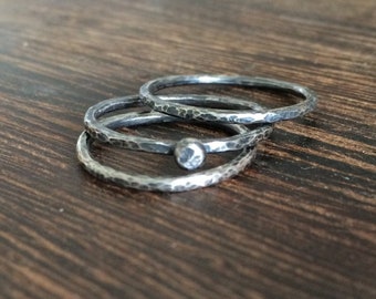 silver stacking rings, textured rings, beaten ring, hammered ring, oxidised silver, textured silver, antique silver, nautical ring, cornwall
