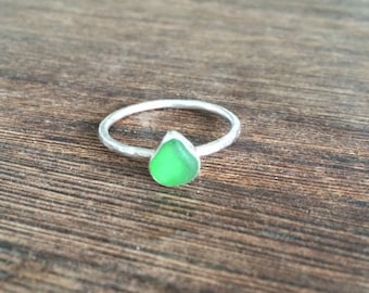 Sea glass ring, beach glass ring, green sea glass stacking ring, eco engagement ring, seaglass ring, green stone ring, emerald green,