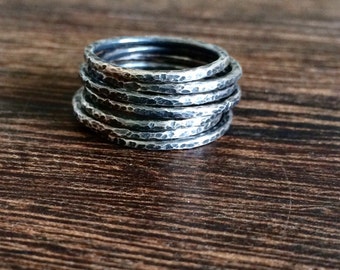 Rustic silver rings, stacking ring set, beaten silver ring, oxidised silver, textured silver, blackened silver, dark silver, oxidised silver