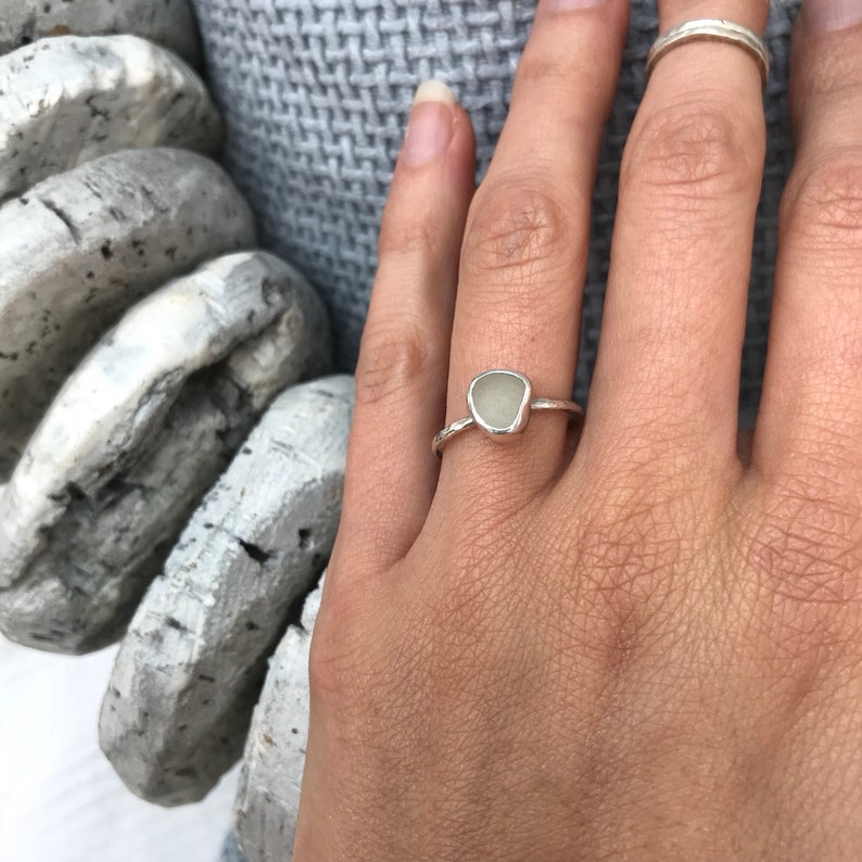Sea glass ring, Cornish seaglass, engagement ring, sea glass stacking ring, white seaglass stack ring, mermaid ring, promise ring, proposal image 6