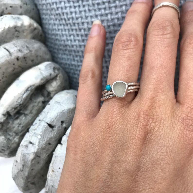 Sea glass ring, Cornish seaglass, engagement ring, sea glass stacking ring, white seaglass stack ring, mermaid ring, promise ring, proposal image 9