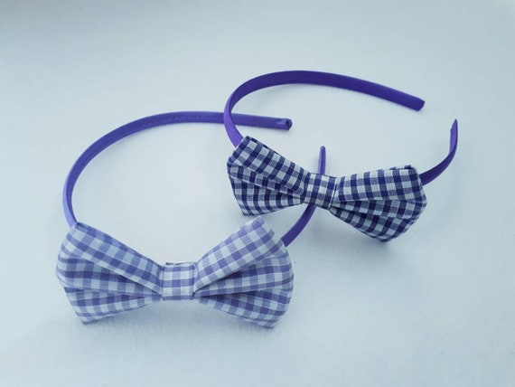 NEW Blue gingham check aliceband with matching bow headband fashion