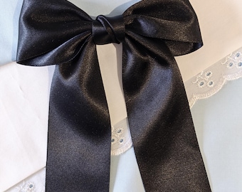 Alice Inspired Black Ribbon Hair Bow Clip – Handsewn Satin