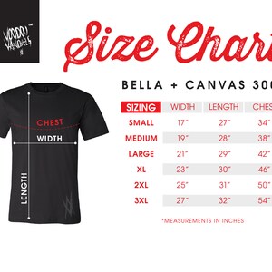 Pu&ograve; includere: Tabella delle taglie per le t-shirt Bella + Canvas 3001, che mostra le misure in pollici per larghezza, lunghezza e petto nelle taglie dalla S alla 3XL.