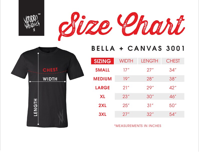 Pu&ograve; includere: Tabella delle taglie per le t-shirt Bella + Canvas 3001, che mostra le misure in pollici per larghezza, lunghezza e petto nelle taglie dalla S alla 3XL.