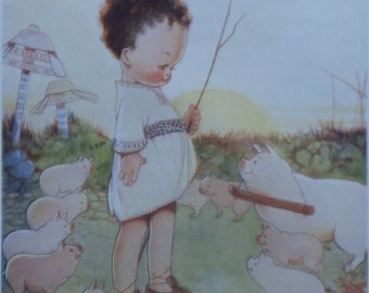 Mabel Lucie Attwell Original Antique Children's Print 1923 - Nicu the Smiling Boy makes the Sow & all her Piglets Smile - Ready to Frame