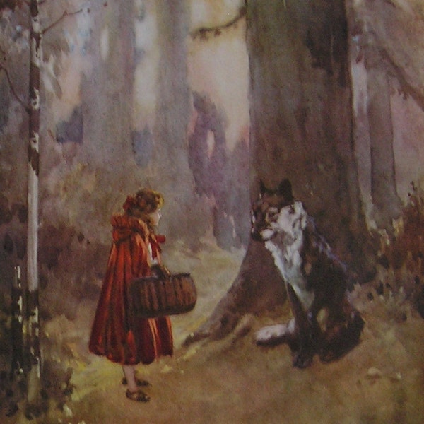 Little Red Riding Hood Original Antique Children's Print by Harry Rountree 1915 - Nursery Tale - Wolf - Matted - Ready to Frame