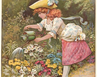 Antique Children's Print - MARY MARY Quite Contrary How Does Your Garden Grow - Nursery Rhyme - 1900 - Matted - Ready to Frame