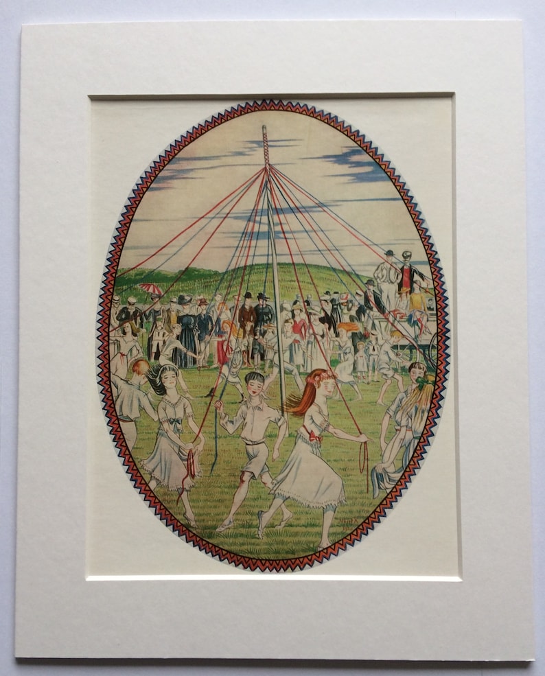 Maypole Dancing in Dorset by Albert Rutherston 1923 Ready to Frame Vintage Childrens Print Matted