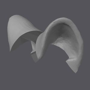 May include: A 3D render of a grey, abstract shape. The form is a stylized, curved structure with multiple planes and a smooth, matte finish. The object is set against a solid grey background.