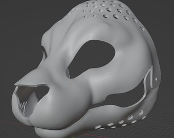 May include: A light gray 3D model of an animal head mask featuring a smooth, sculpted surface with large eye openings, a defined snout, and a series of small, circular ventilation holes along the top and side edges of the structure.