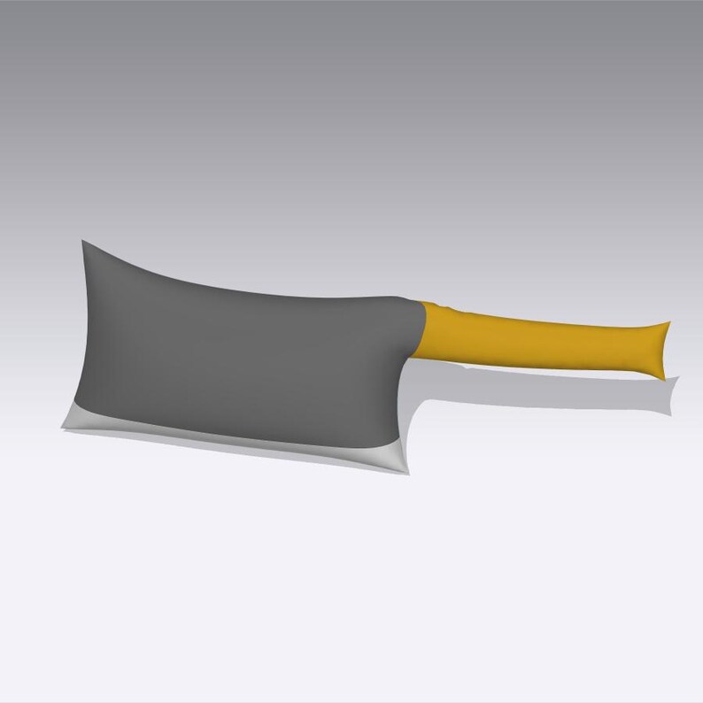 May include: A gray cleaver with a yellow handle. The blade is wide and rectangular, with a sharp edge. The handle is long and cylindrical, providing a comfortable grip. The cleaver is designed for chopping and cutting.