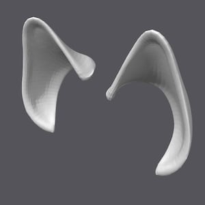 Puede incluir: Un par de orejas blancas, esculpidas e impresas en 3D. Las orejas son puntiagudas y tienen una superficie lisa y redondeada.
