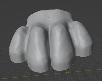 May include: A 3D printed model of a paw print with four toes. The print is made of light grey plastic and has a smooth, rounded surface.