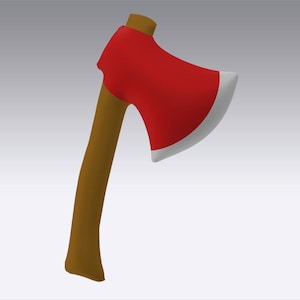 Pode incluir: Um machado vermelho com cabo castanho e borda da l&acirc;mina branca. A cabe&ccedil;a do machado &eacute; vermelha vibrante, contrastando com o cabo castanho. A borda da l&acirc;mina &eacute; branca. &Eacute; uma ferramenta.