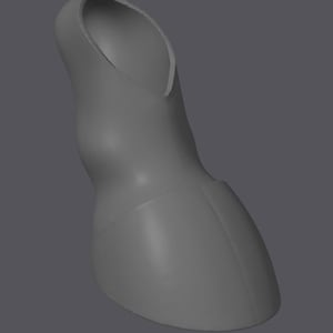 May include: A gray 3D model of a shoe with a rounded toe and a high heel.