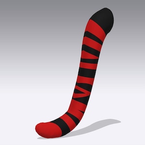 May include: A curved, elongated object with a rounded tip and a tapered end. The object is primarily red with black horizontal stripes wrapping around its length. The tip and end are solid red and black, respectively. The object casts a shadow.