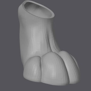 Könnte beinhalten: Ein hellgraues, 3D-gerendertes Objekt, das einem stilisierten Fuß mit drei Zehen und einem zylindrischen oberen Teil ähnelt. Das Objekt hat eine glatte, geometrische Oberfläche vor grauem Hintergrund.