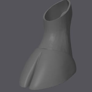 May include: A gray, 3D-rendered object resembling a hoof with a cylindrical top. The hoof has a split down the middle and a rounded base. The background is a solid gray.