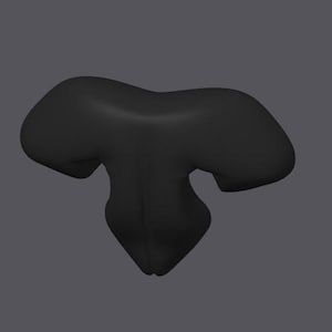 May include: A solid black, abstract sculpture with a rounded top and a flowing, organic shape. The form appears to be a stylized representation of a torso or a similar figure, set against a gray background.