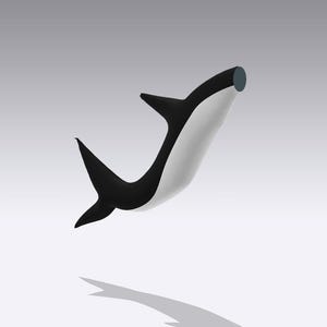 Könnte beinhalten: Eine stilisierte, dreidimensionale Illustration eines schwarz-weißen Hais mit einem grauen Schatten darunter. Der Hai wird in einer dynamischen, aufwärts gerichteten Pose vor einem grauen Hintergrund dargestellt.
