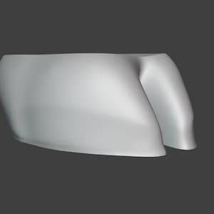 May include: A 3D-rendered, light gray, abstract form against a dark gray background. The shape appears to be a curved, rounded object with a smooth surface, possibly a stylized sculpture or design element.
