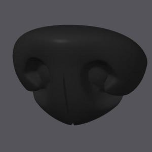 May include: A 3D-rendered, black dog nose with two nostril openings and a central vertical groove. The nose is smooth and rounded, set against a gray background.