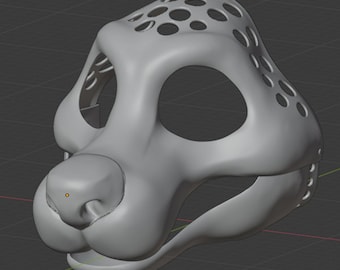 May include: A light gray, three-dimensional digital model of an animal mask base. The structure features large eye openings, a prominent snout, and a perforated top section with a grid of circular holes, rendered in a smooth, matte finish.