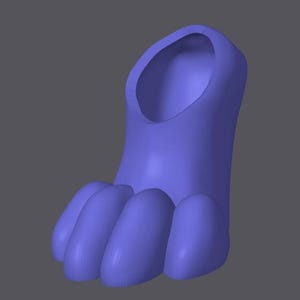 May include: A 3D-rendered, light purple foot with four toes and a hollowed-out top. The foot is set against a gray background, showcasing a smooth, rounded design. The toes are evenly spaced and slightly curved.