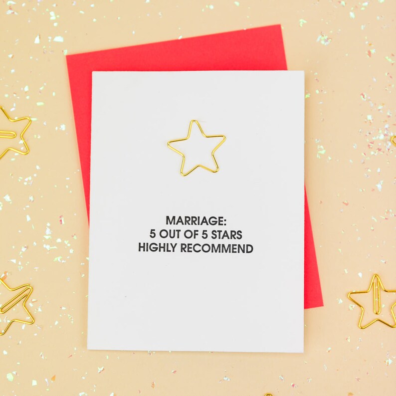 Marriage 5 Out Of 5 Stars. Highly Recommend Star Paper Clip Letterpress Card image 2