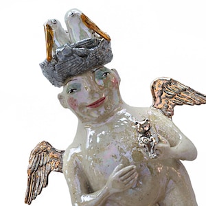 Wall Ceramic Angel Sculpture with Stork Nest and Silver Frog – OOAK Intuitive Art – Parallel World Collection – Cela37 Dorota Urbaniak-Pełka