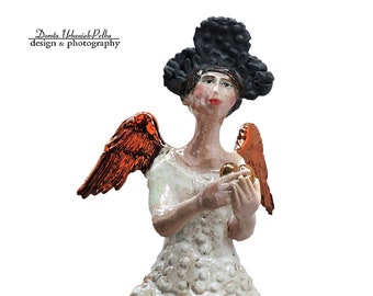Coeur pour coeur - Ange aux ailes de cuivre - ange en céramique - de la collection "Monde parallèle" - sculpture en céramique - Cela37