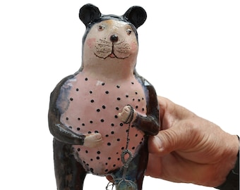 A mouse with a caged bird  - wall sculpture to hang on the wall according to "Parallel World" - ceramic sculpture - Cela37