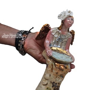Angel with gold hair - a candlestick decorated with gold and melted glass -   ceramic  sculpture  from the &quot;Parallel world&quot; collection