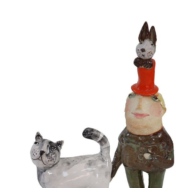 Magician with a cat - a set of two ceramic figurines from the "Parallel World" collection by Dorota Urnamiak-Pelka