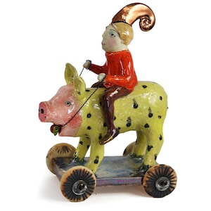 Journey for the red apple,  On the roads of the world -  elephant  ceramic, SCULPTURE OOAK - ART doll  by Dorota Urbaniak-Pelka