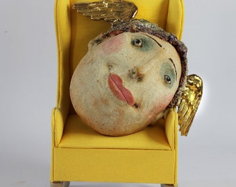 Angel's head.  My head is light and creative -  ceramic sculpture on the wall - wall sculpture - ceramic  Dorota Urbaniak-Pełka