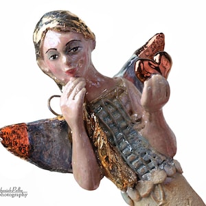 Ceramic Angel Wall Sculpture with Heart - Dorota Urbaniak-Pełka