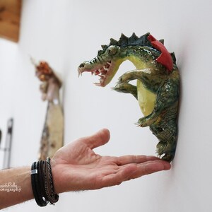 Pu&ograve; includere: Scultura da parete in ceramica a forma di alligatore verde, giallo e rosso. L'alligatore ha la bocca aperta con denti visibili ed &egrave; montato su una parete bianca. Fa parte di una collezione d'arte.