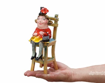 OOAK Ceramic Girl Sculpture: Red Flower, Handmade Art Figurine