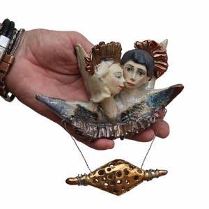 Handmade Ceramic Angel Head Wall Art: Gold & Copper Sculpture