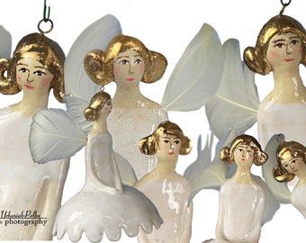 Ceramic angels with smooth skirts - bells - for hanging - 2 pieces in a set - OOAK - ceramic figurine - unique - Dorota Urbaniak-Pelka