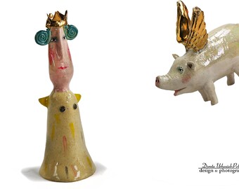 King Lothair and a pig with golden wings - A set of two figures. - ceramic figurines from the &quot;Parallel World&quot; collection, Studio Cela37
