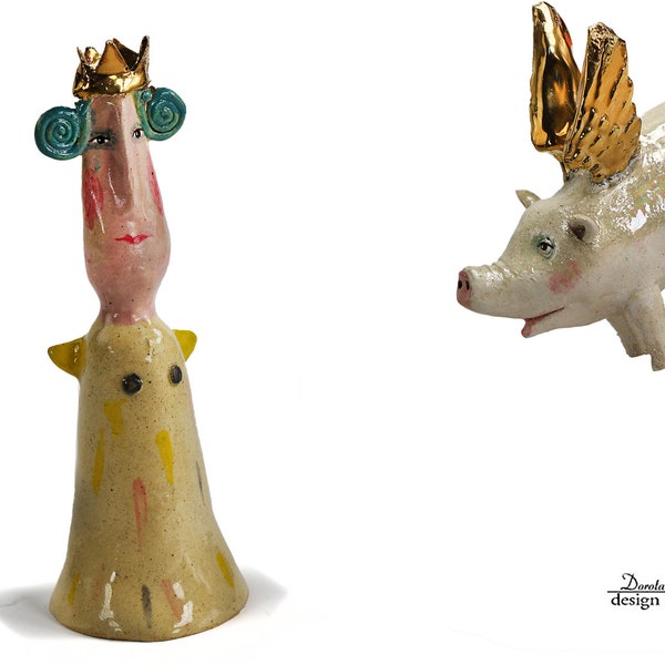 Le roi Lothaire et un cochon aux ailes d’or - Un ensemble de deux figures. - figurines en céramique de la collection « Parallel World », Studio Cela37
