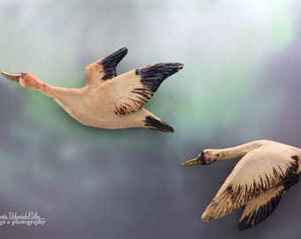 Wild goose - two ceramic birds on the wall - unique element from the &quot;parallel world&quot; collection, wall sculpture,